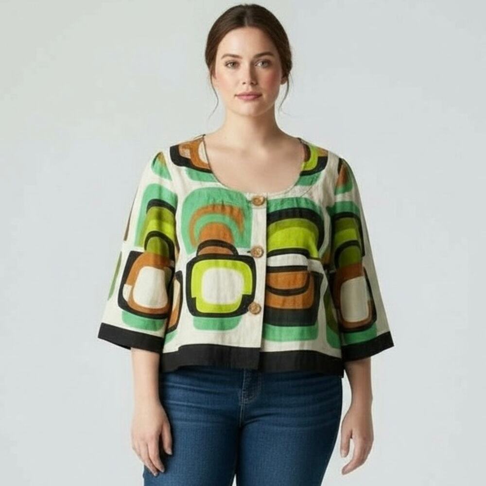 Monroe & Main Womens‎ 2X Linen Blend Button Front Top Abstract Short Sleeve